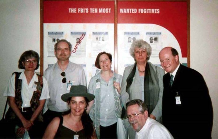 The Director of this project, Dr. Susan J. Palmer (bottom left) with a group of scholars who were invited to the FBI's headquarters in Quantico to offer advice on millenarian groups "acting up" on the eve of 2000. Top row, left to right: Catherine Wessinger, James T. Richardson, Jane Hogan, Eileen Barker (Collaborator on this project), Massimo Introvigne. Bottom row from left: Susan J. Palmer and J. Gordon Melton (Collaborator on this project).